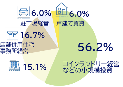 56.2%:コインランドリー経営などの小規模投資 15.1%:アパート経営、マンション経営 16.7%:店舗併用住宅、事務所経営 6.0%:駐車場経営